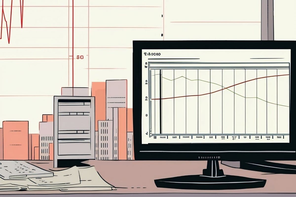 Illustration eines Investment-Charts auf einem Bildschirm, im Hintergrund sind skizzenhafte Hochhäuser zu sehen
