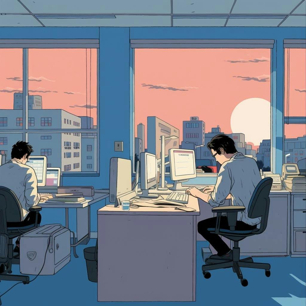 Büro, Illustration, Menschen, sitzen, Schreibtisch